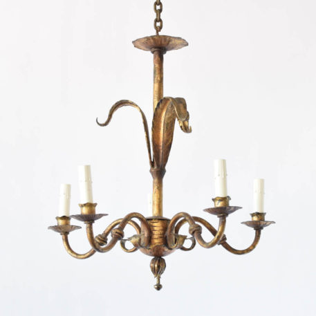 Vintage chandelier from Spain with Lily form on central column in the original Spanish gold finish