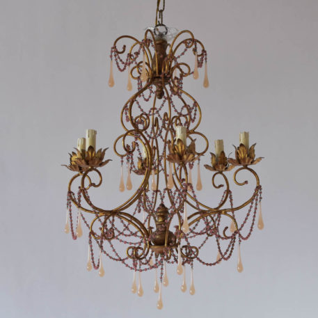 Gilded Italian chandelier with pink bead chains and translucent pink Murano crystals