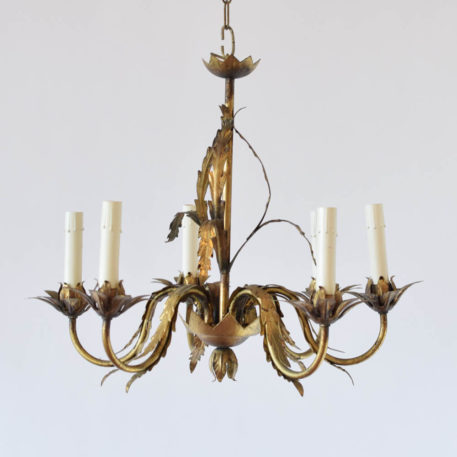 Vintage Iron chandelier from Barcelona Spain with thin leaves on arms and on central column