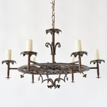 Antique Black Iron Chandelier with Ornate Central Flat Ring with Flowers and Clover