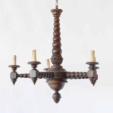 Vintage Belgian Wood chandelier with turned columns and arms using bobbin design