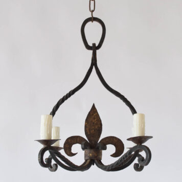 Vintage Rustic French iron chandelier with forged twisted arms and large Fleur de lis