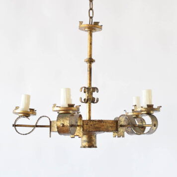 Vintage Spanish chandelier with large flat strap arms and central down light