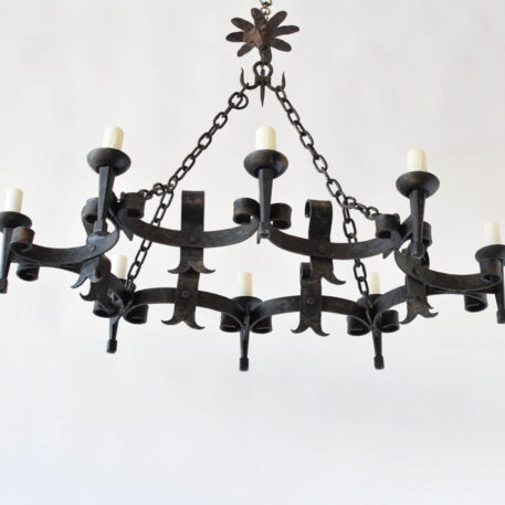 Antique Large Elongated Black Wrought Iron Fixture with Scalloped Band with Torches
