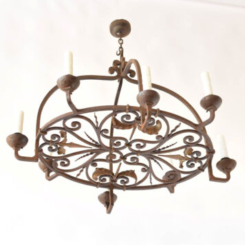Antique French Iron Oval Dome Chandelier with Highly Decorative Base Panel with Fleur de Lis
