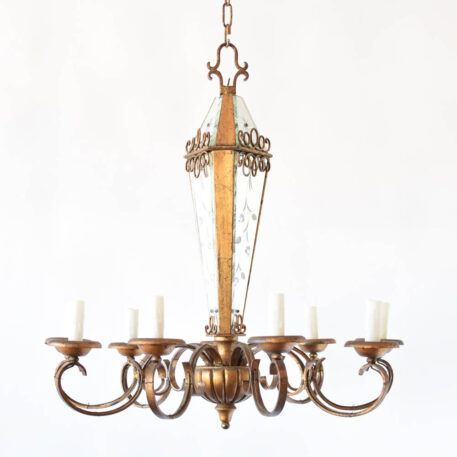 Vintage Italian chandelier with iron arms and Venetian mirror on central column