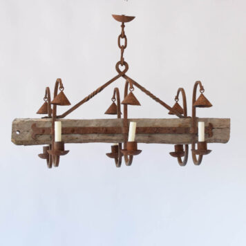 Rustic wood beam chandelier with iron arms