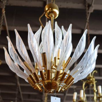 Italian midcentury chandelier with thin frosted glass leaves
