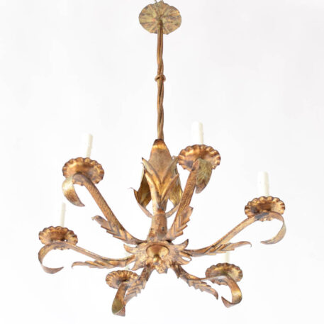 Vintage Spanish chandelier with tall pointy leaves and twisted iron column
