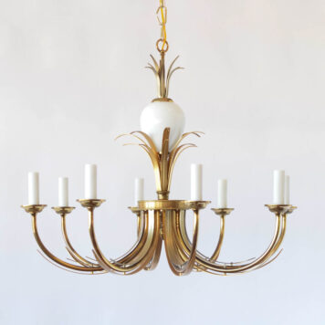 Vintage French midcentury modern brass chandelier with glass egg in the middle