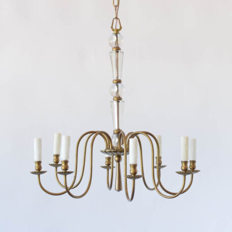 Vintage midcentury chandelier with glass column and brass arms