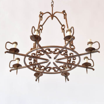 Vintage French chandelier with hammered and forged central grid and candle holders