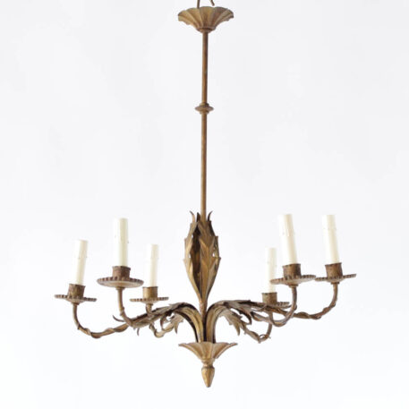 Vintage chandelier from Barcelona with gilded finish and hammered iron leaves