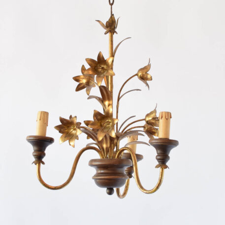 Italian wood and iron chandelier with gilded lillies