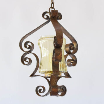 Vintage iron lantern from Barcelona Spain with gilded iron frame and amber glass globe