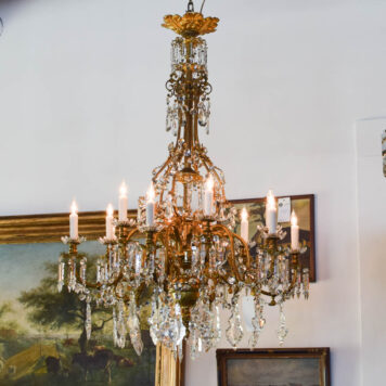 Antique French bronze and crystal gas chandelier with hand cut French Pendalogue crystals