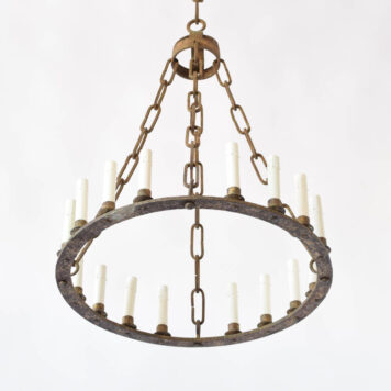 Gilded iron ring chandelier from Barcelona with hand forged chains and crown collector