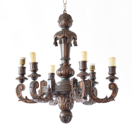 CArved wood chandelier from Belgium with wood tassel decorations