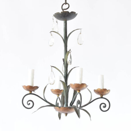 Vintage italian iron chandelier with crystals and gilded bobesches