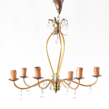 Midcentury brass chandelier with clear crystal balls on the arms