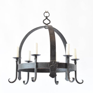 Belgian iron chandelier with dome form decorated with 3 seals of a man on a horse