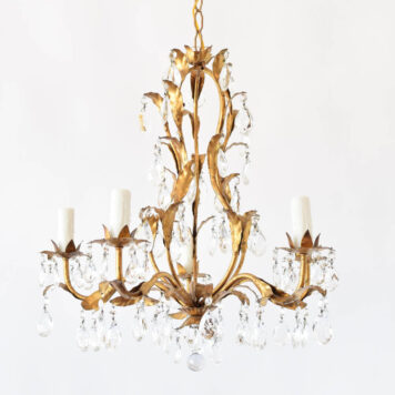 Vintage iron chandelier from Italy with original gilded finish and crystal pendants