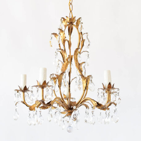 Vintage iron chandelier from Italy with original gilded finish and crystal pendants