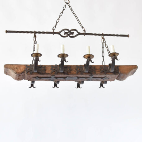 Vintage reclaimed wood beam chandelier with iron accents from Belgium