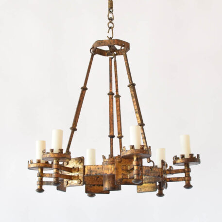 Gilded iron chandelier from Spain with rod suspension system and optional downlight