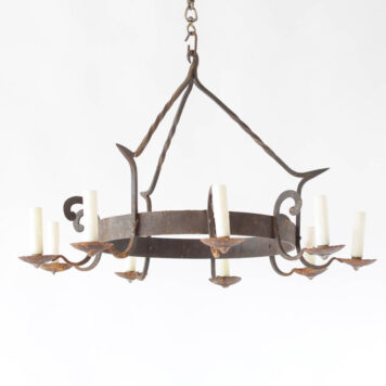 Vintage chandelier from Belgium with a rustic iron ring and 9 simple arms