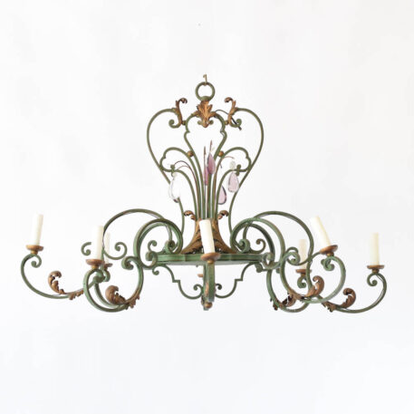 Elongated Country French iron chandelier with crystal prisms and optional iron and crystal bobesches