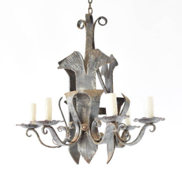 Hand forged Spanish chandelier with 3 sets of 2 arms and hammered flat curls