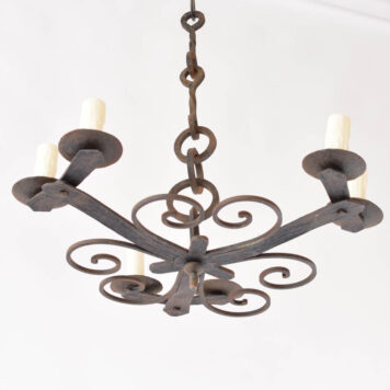 French chandelier with flat Y shape holding 6 arms and hung from large rods and rings