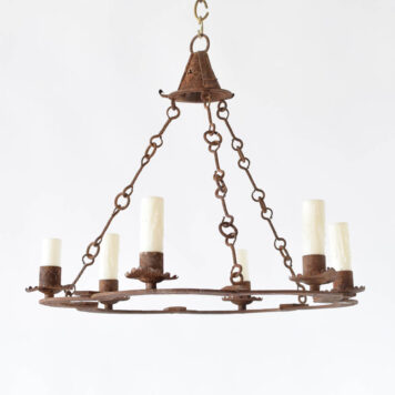 Vintage Belgian chandelier with rusty flat ring holding 6 lights supported by rods and a hat shaped collector