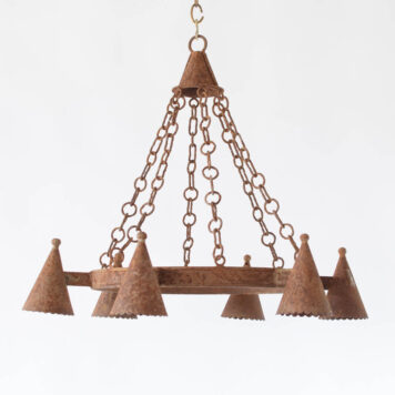 Vintage Belgian chandelier with 6 cone shaped arms on a simple iron band