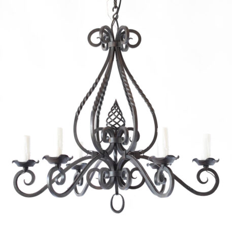 Vintage iron chandelier from France with forged twisted arms and a iron open basket in the middle