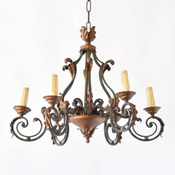 Vintage French chandelier with green iron frame accented by gold iron leaves and bobesches