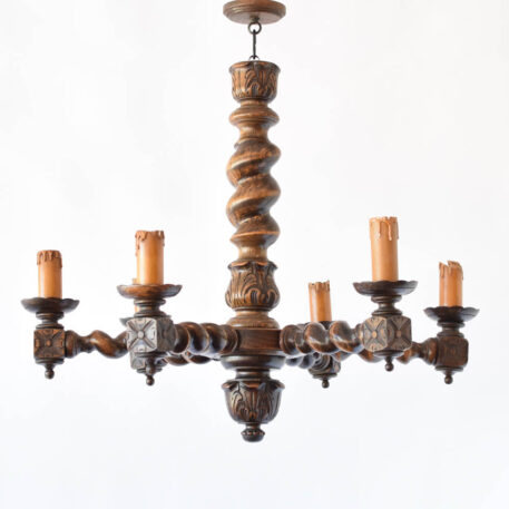 Vintage wood chandelier from Belgium with Barley twist column and arms