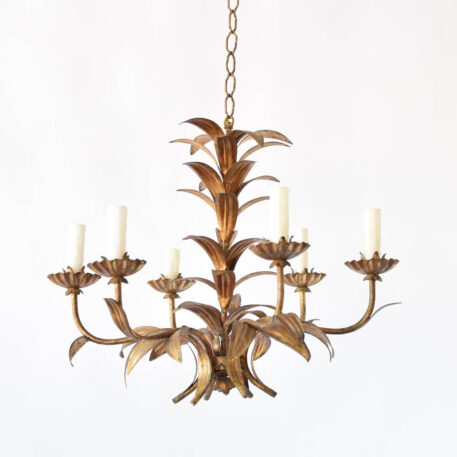 Vintage gilded Italian chandelier with leaves on central column and arms