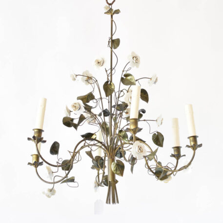 Pair of Italian Toile brass chandeliers with white porcelain flowers