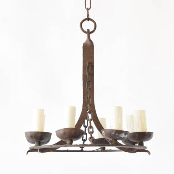 Vintage rustic Belgian chandelier with flat center column and chain decorations