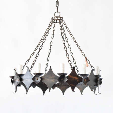 Iron chandelier with band formed of diamond shaped iron plates with long chains and collector