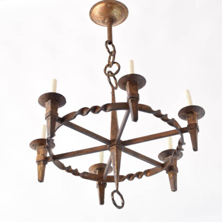 Gilded Spanish iron chandelier with tapered central column supporting a twisted iron ring and 6 chunky candle holders