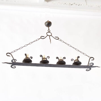 Vintage iron chandelier with simple central iron strap and fleur de lis ends