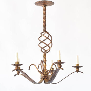Vintage gilded iron chandelier from Spain with open basket and twisted iron column