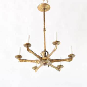 Gilded iron Spanish chandelier with brutalist style arms and tall central column