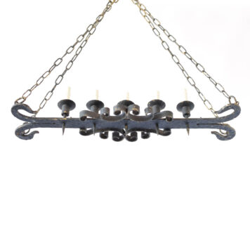 Vintage French iron chandelier with simple central forged strap with 5 candles in a row