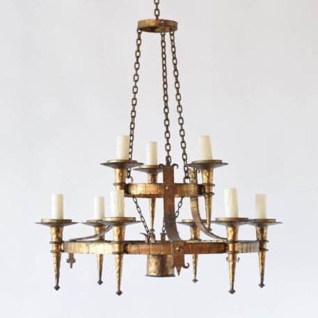 Vintage Spanish chandelier with 9 large torches on 2 rings with an additional optional down light