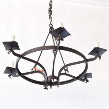 Largvintage Spanish chandelier with square bobesches and arms that join in center and are attached to a small forged ring