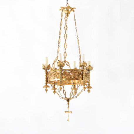 Antique belgian neogothic chandeliers from a church with a cross pendant at the bottom and a pierced bronze band supported by ornate bronze chains